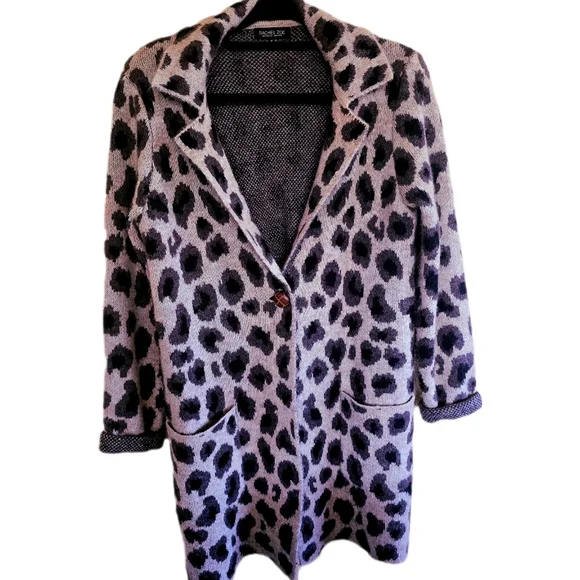 Eye Catching RACHEL ZOE Leopard Comfort Cardigan Sweater Lagenlook Boho Jacket - Picture 2 of 5